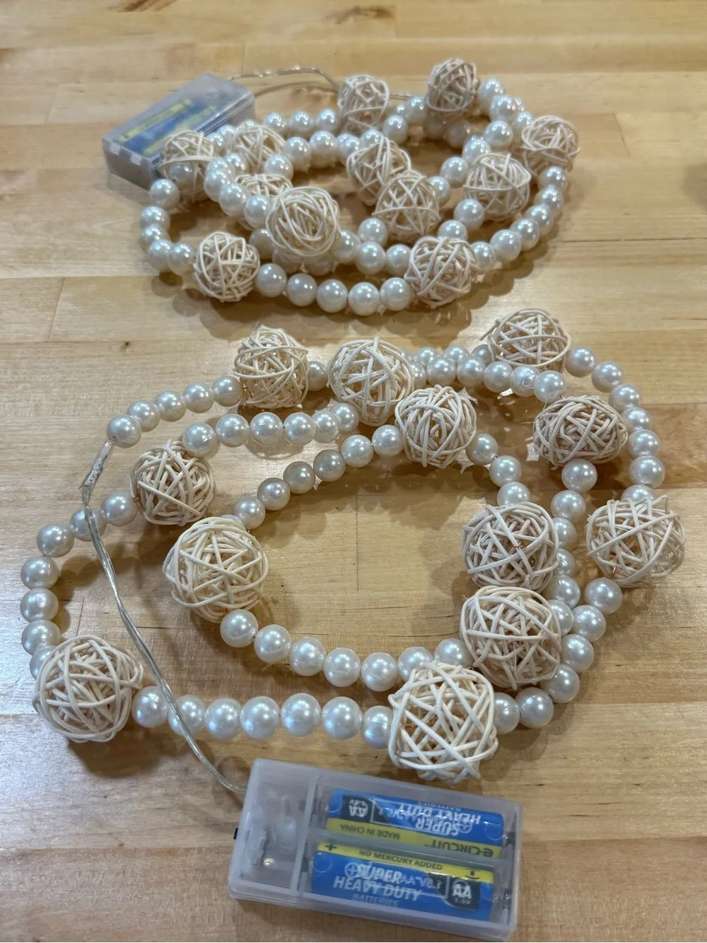 Set of 2 Pearl Bead Rattan Ball String Lights Warm White Battery Operated
